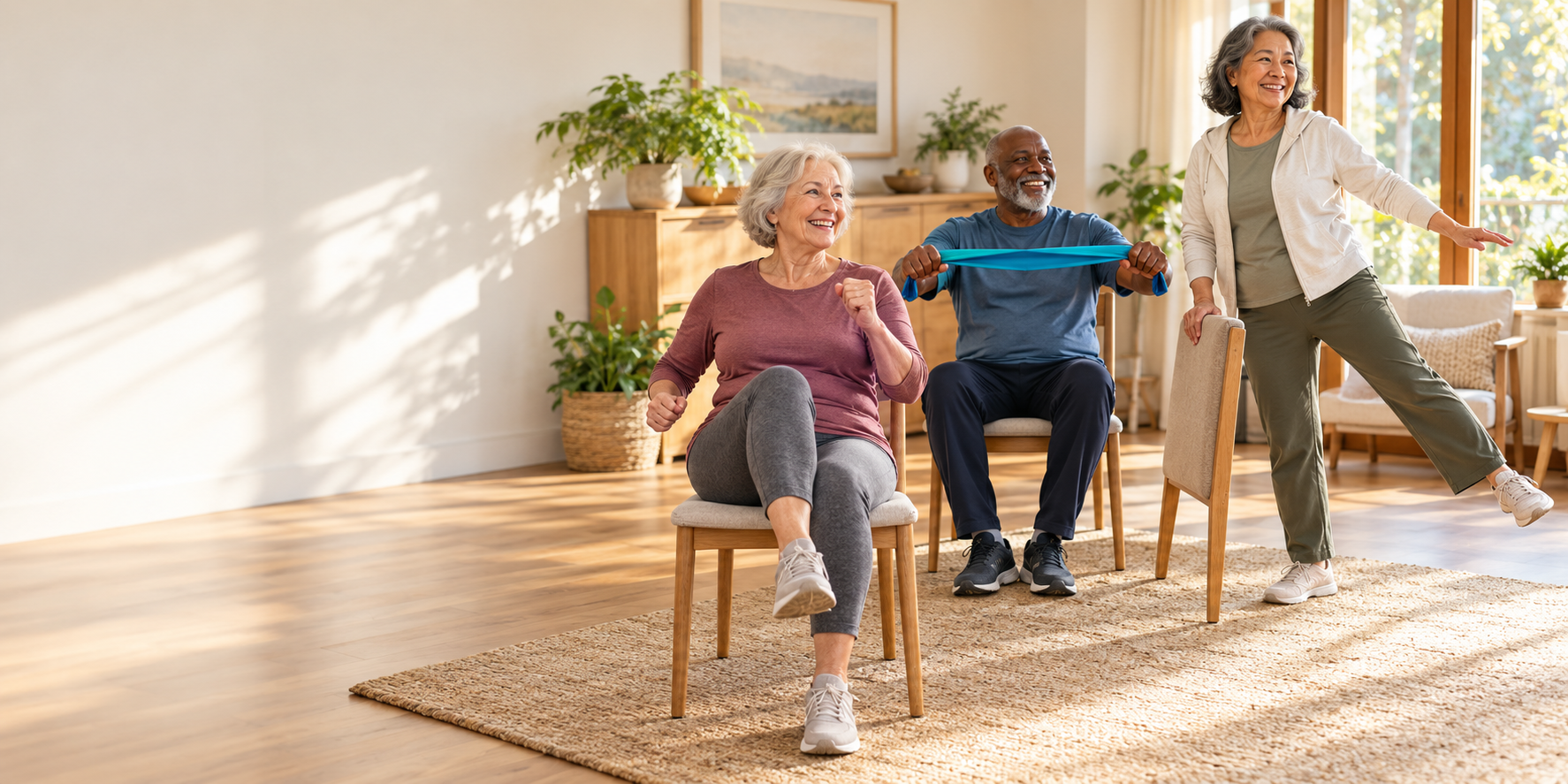 Three older adults doing gentle chair-based and standing movement in a bright room